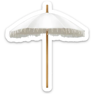 White beach umbrella with short white tassels and a straight wooden pole sticker