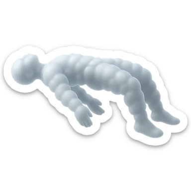 side view of unconscious person flying with torso upwards, legs and arms downwards, made of small very bright white fluffy convex clouds, matte glass style sticker