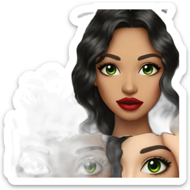 beautiful woman, green eyes, black long wavy hair, tawny skin, big lips, red lipstick, great makeup sticker