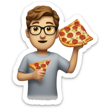 White nerd with brown hair eating pizza sticker
