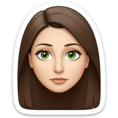 43. year old Adult woman avatar, light skin tone, long, oval face, long straight ashy brown hair, green almond-shaped eyes with dramatic eyelashes and minimal eyeliner, neutral mouth, medium straight eyebrows, small nose, smooth skin sticker