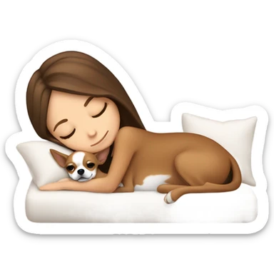 White Girl with long brown hair napping with a tan, brown, and white colored chihuahua  sticker