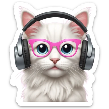 “Digital illustration of a fluffy kitten with large pink glasses and modern headphones, in emoji style, with a minimal pastel background.” sticker