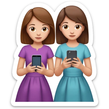 two brown haired girls, looking professional maybe leaned on each others back and looking forward and using phones, with longer hair and with some cute clothes without ties maybe dresses, one girl can hold lap top another one can hold the phone sticker