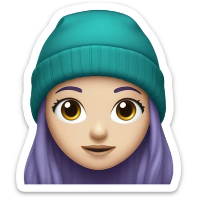 White girl, blue eyes, long teal hair, purple beanie hat, black hoodie sticker