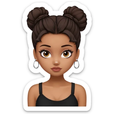 generate a pretty bratz girl in black cami top, dark brown messy bun, eyeliner on. dark brown eyes. NO EARRING sticker