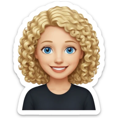 Middle aged woman with blonde curly shoulder-length hair, big blue eyes, wide smile, black shirt sticker