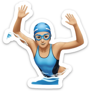 An icon showing a swimmer in mid-stroke, cutting through blue water with splashes around. The swimmer wears goggles and a swim cap, moving with power and grace. Transparent background emphasizes the athleticism, rhythm, and energy of swimming as a competitive and personal sport. sticker