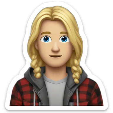 long haired blond guy skinny, tired looking, blue eyes, wearing a grey hoodie zip up with a red and black flannel under the jacket sticker