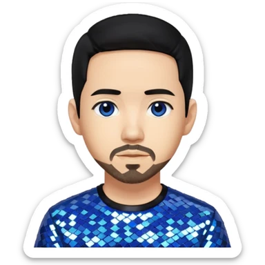 Mike Shinoda with black hair with blue highlight, black sequin shirt, brown eyes sticker