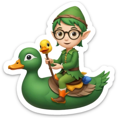 tiny forest elf with round glasses riding a duck sticker