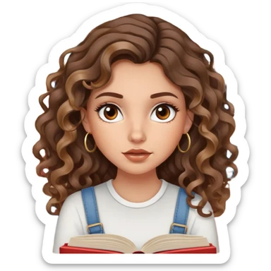 cute girl with not volominous VERY LONG curly/wavy brunette hair with balayage, brown eyes, full lips, natural clean girl makeup and hoop earrings white girl: super desperate face while studying from a lot of books sticker