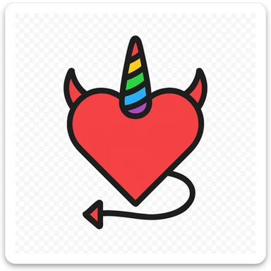 minimalist devil heart icon, red heart with a single rainbow horn, pride theme sticker