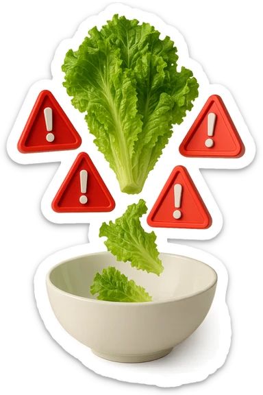 insalata che cade verticalmente in una bowl bianca insieme a segnali triangolari di pericolo con punti esclamativi rossi in 3d, iperrealistica 4k sticker