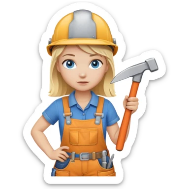 A blond girl blue eyes, habdyman Outfit, wearing a Helmet and a Hammer, Whole body  sticker