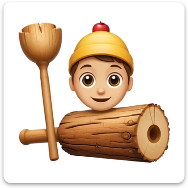 caricature of a smiling wooden log with big eyes, holding a small mallet, apple emoji style, white background, cute and colorful sticker