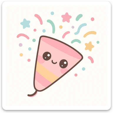 cartoon party popper, big eyes, multicolored confetti, playful, white background sticker