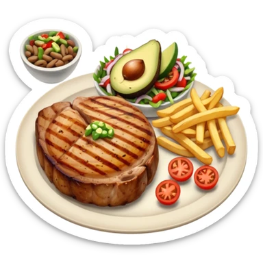 pork chops, fries, tomato onion salad, beans, and avocado on the side  sticker