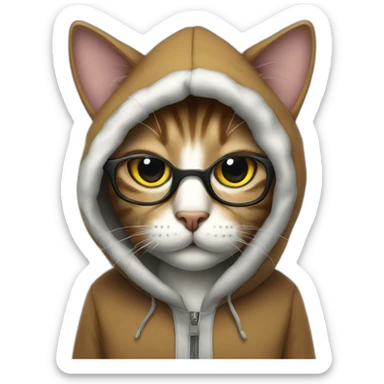 Cat wearing hood with glasses sticker
