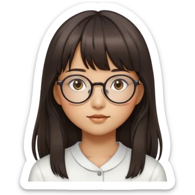 A girl with long hair and a bang. She wears round glasses and has brown eyes. She has some Asian features sticker