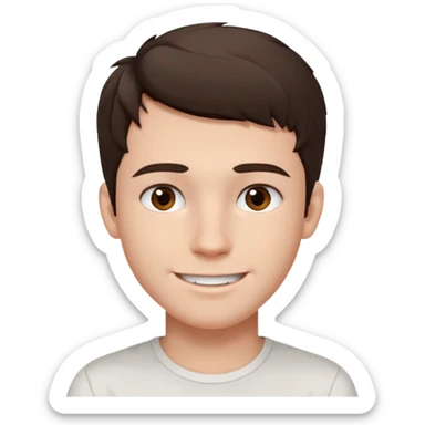 create an emoji of a teenage man, square face, smile. he has an English look, very messy dark brown hair, dark brown eyes, pale skin, natural lips. he wears a short sleeve very white shirt sticker