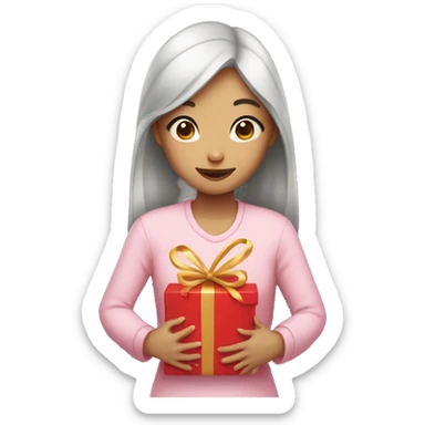 Asian girl with heart eyes holding a present sticker