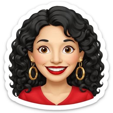 60 yr old peruvian woman, wavy/curly long black hair, red lipstick, big smile, white teeth, brown eyes, hoop earings, side part to hair, round face sticker