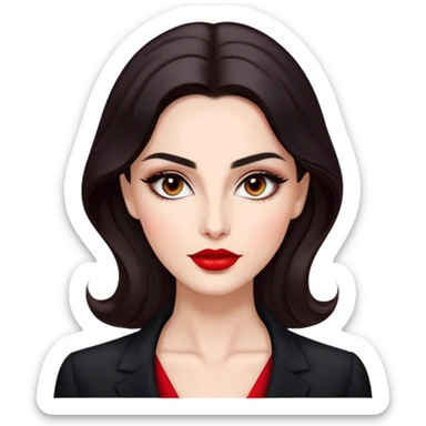 Elegant actress with luminous skin, elongated face, dark almond eyes with tasteful eyeliner, thick eyebrows, straight nose, red lips, voluminous dark hair with gentle waves, black professional attire, dignified confident pose sticker