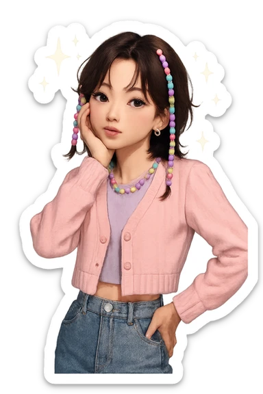 kpop star with pastel beads and sparkles, cute and trendy sticker