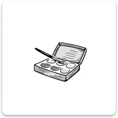 A watercolor paint box with paintbrush and color wells in pastel colors (dd9fb0, ffc6d3, a3bfc9, c4bee2, f1b091), hand-drawn doodle style sticker