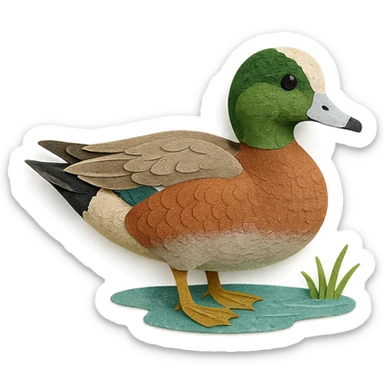 American Wigeon in paper craft style, delicate paper layers, realistic feather patterns, soft color variations, near a pond sticker