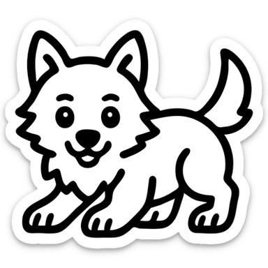 playful silver wolf pup, fluffy and cute, with bright eyes, bold black outline style sticker