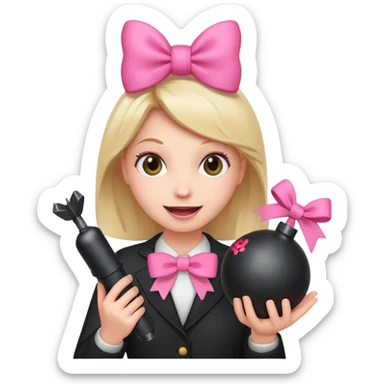 A happy face holding a bomb and the bomb has a cute pink bow sticker