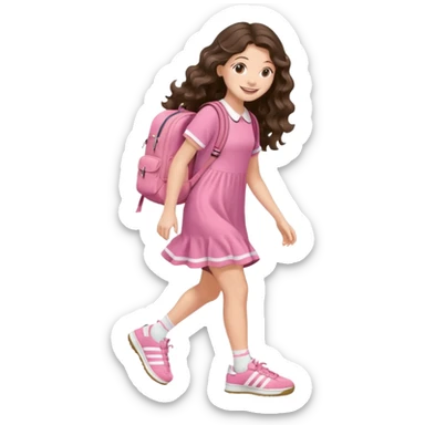 aestethic brunette very,very,very long wavy hair walking with a school backpack (no brand) with a cute pink dress, adidas samba shoes sticker