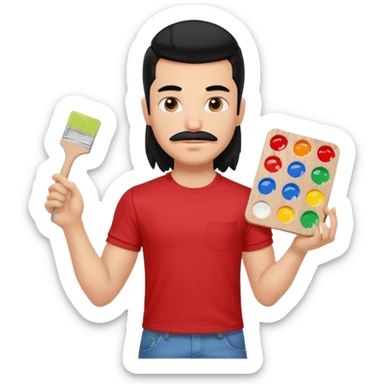 generate a pretty fair bratz boy with a long mullet (black hair), mustache, carrying a paint palette in hand and wearing a red tshirt. Lean but biceps sticker