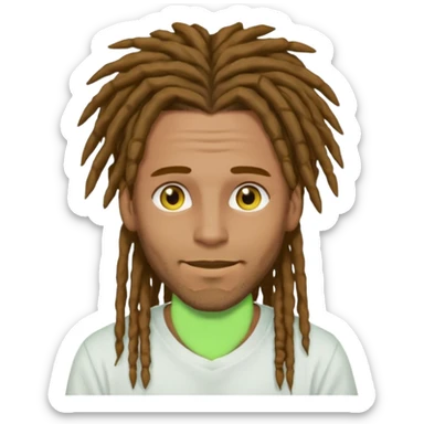 man with brown dreads covering forehead white tee golden eyes light green skin  and white smile sticker