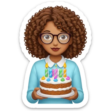 Brown Curly haired girl wearing glasses with a cake sticker