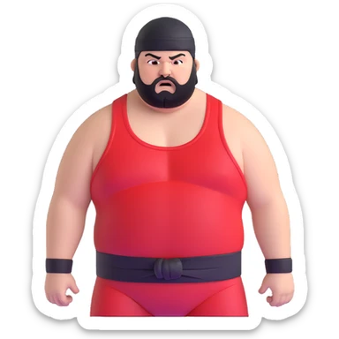 Extreme close-up of face of morbidly obese white skin guy with young face, prominent BLACK DURAG tied clearly on head, black beard but no mustache, clean shaven upper lip, black eyes in a red and black wrestling singlet with angry expression sticker