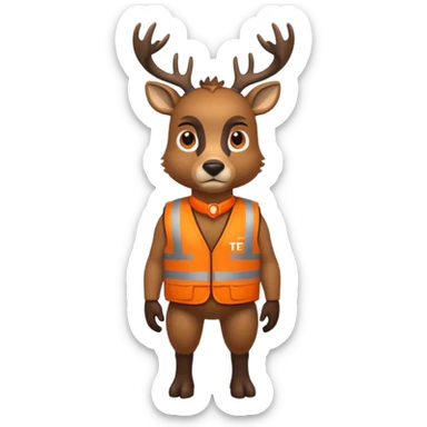 crea un venado de cuerpo completo que lleve un chaleco color naranja y que el chaleco lleve en el lado izquierdo el nombre de (telamon), hazlo mas rudo sticker