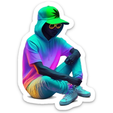 Hemp leaves Multicoloured neon person smoking wearing hoodie dancing hip hop bucket hat tropical Skater fashion aesthetic baggy clothes graphic t shirt 420 sticker