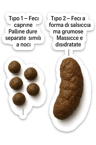 immagine di due tipi di feci iperrealistiche viste dall'alto con descrizione:
Tipo 1 – Feci caprine
Palline dure, separate, simili a noci

Tipo 2 – Feci a forma di salsiccia ma grumose
Massicce e disidratate.
 sticker