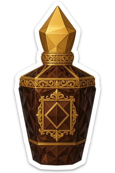 Refine this perfume bottle to closely resemble the shape and ornate details of Xerjoff's 'La Capitale' fragrance bottle, keeping the style geometric and opulent, with no characters or text, and a transparent background. sticker
