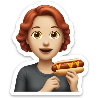 White woman with dark red hair eating hotdog sticker