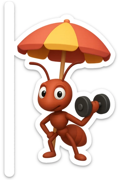 EMOJI STILE IPHONE 3D DI una formica che si allena sotto l'ombrellone in spiaggia con un manubrio da palestra in mano, fagli anche la parte bianca degli occhi, non solo la pupilla sticker