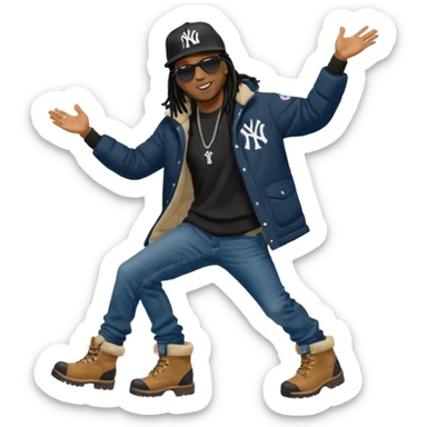 African American man with shoulder length black dreadlocks and black sunglasses wearing a black New York Yankees baseball hat with a North Face brand bubble winter coat with denim skinny jeans and timberland boots dancing sticker