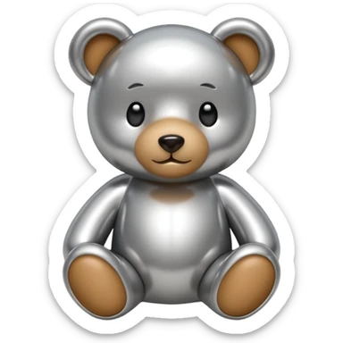 A cute teddy bear emoji made of liquid silver chrome, smooth rounded body, glossy metallic surface, soft reflections, friendly proportions, iOS emoji style, centered, clean white background sticker