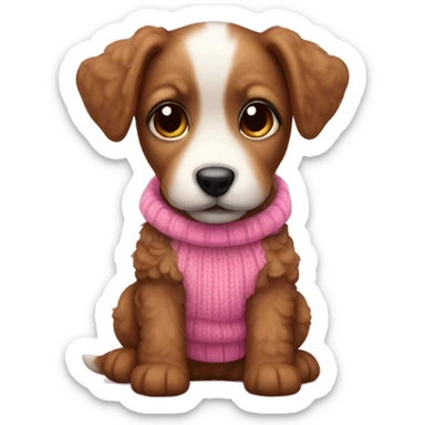 Brown doodle mini puppy in pink sweater and little pink bows on ears sticker