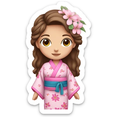cute girl with brown hair and blue eyes in pink flower kimono sticker