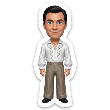 Oliver Reed with blue eyes, black hair, white metallic ruffle shirt, taupe metallic wide leg pants, silver necklace sticker