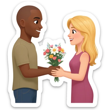 Black man with shaved head giving flowers to blonde woman sticker